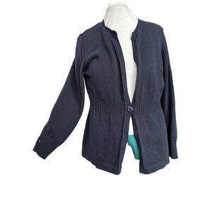 Eddie Bauer  Cardigan Sweater Women XL Navy Cotton One-Button Ribbed at waist